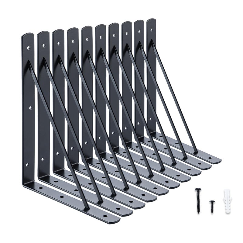 HOME MASTER HARDWARE 10 x 8 in Shelf Brackets, 90 Degree Triangle Wall Mount Angle L Bracket for Floating Shelves, Metal Support w/ Screws, 10 Pack Black - Image 1